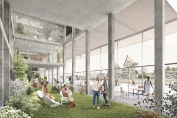 Deze simulatie geeft een idee van hoe de nieuwe gebouwen er zullen uitzien zicht vanaf het atrium studentenhuis