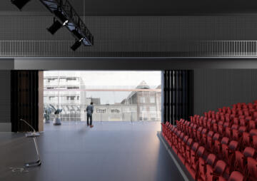 Deze simulatie geeft een idee van hoe het auditorium in het centraal paviljoen er zal uitzien